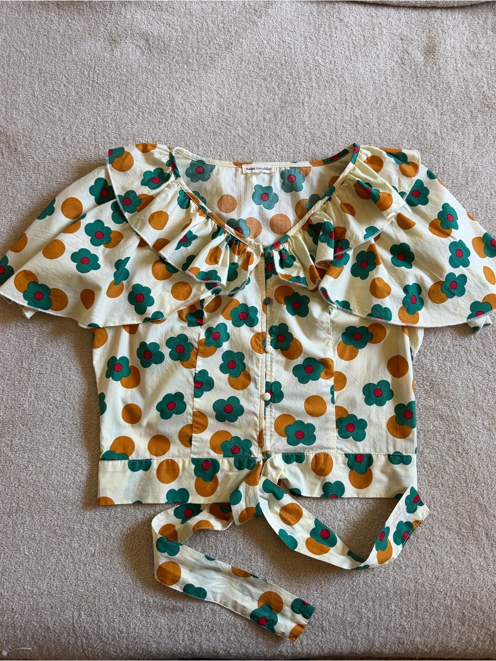 Saint Geraldine Floral Ruffle Blouse S Cropped Tie Front Retro Mod 100% Cotton